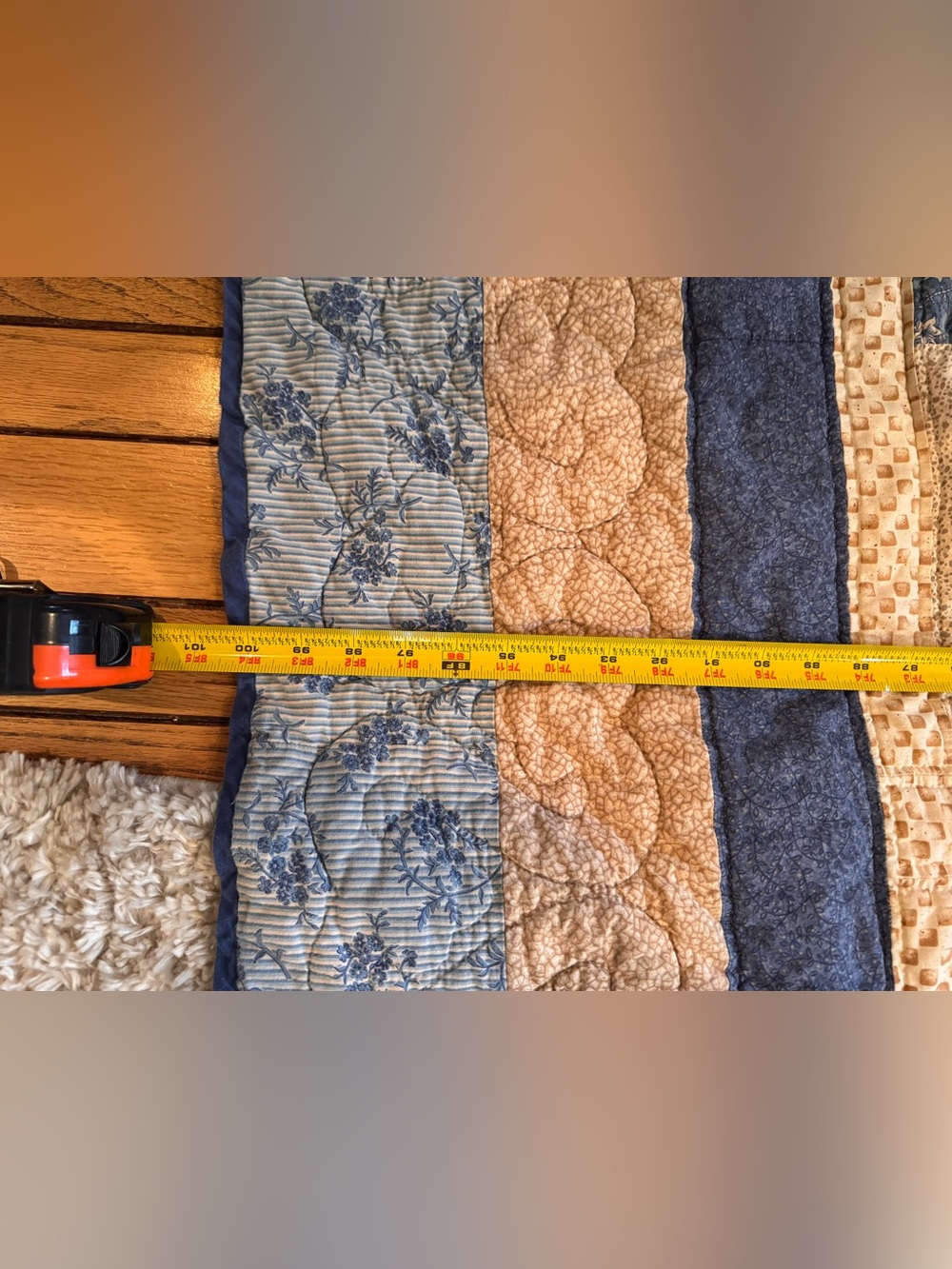 Handmade Log Cabin pattern quilt with blue and tan fabrics - Picture 9 of 16